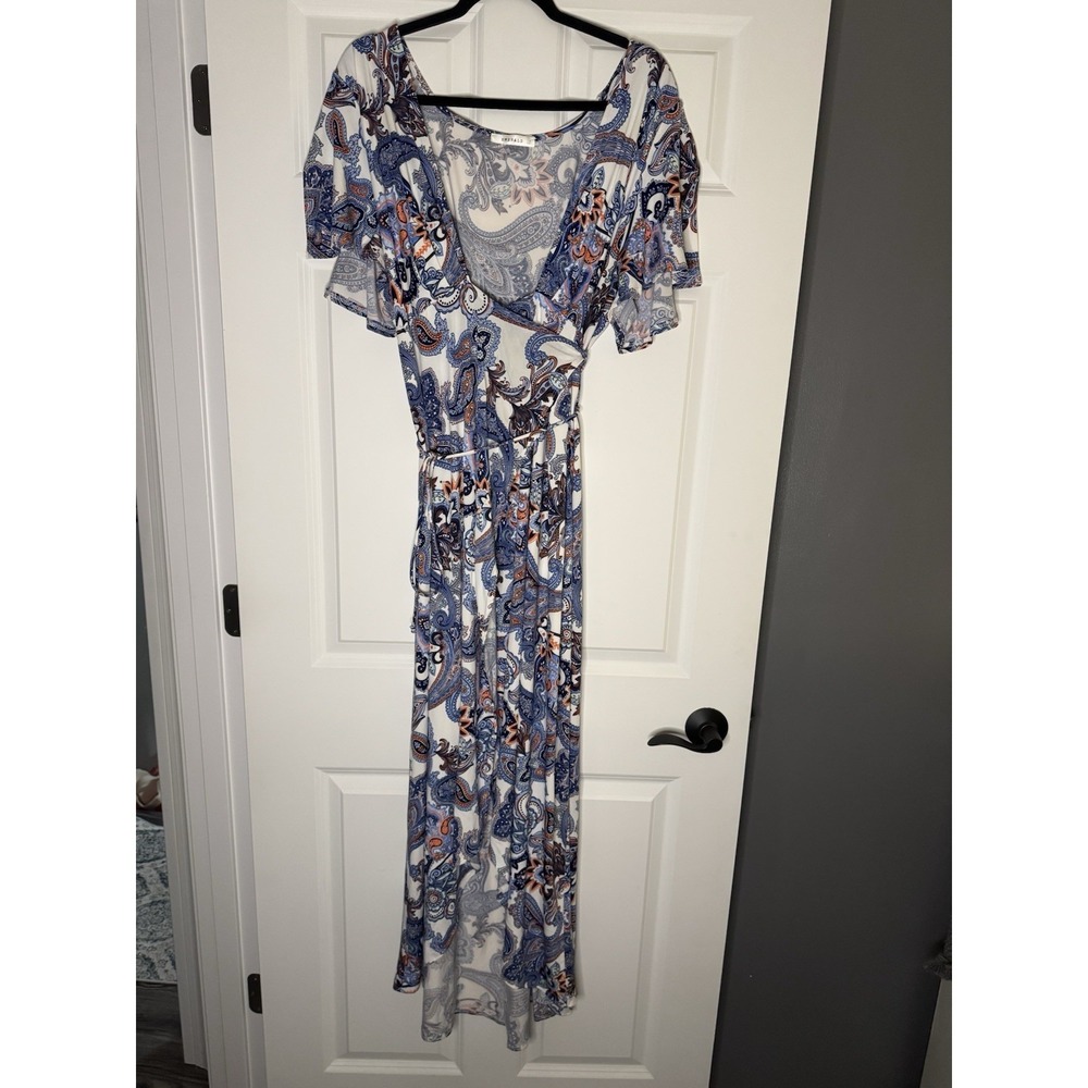Emerald Plus Size Flutter Sleeve Wrap Maxi Dress White W Orange Blue Paisley 1x